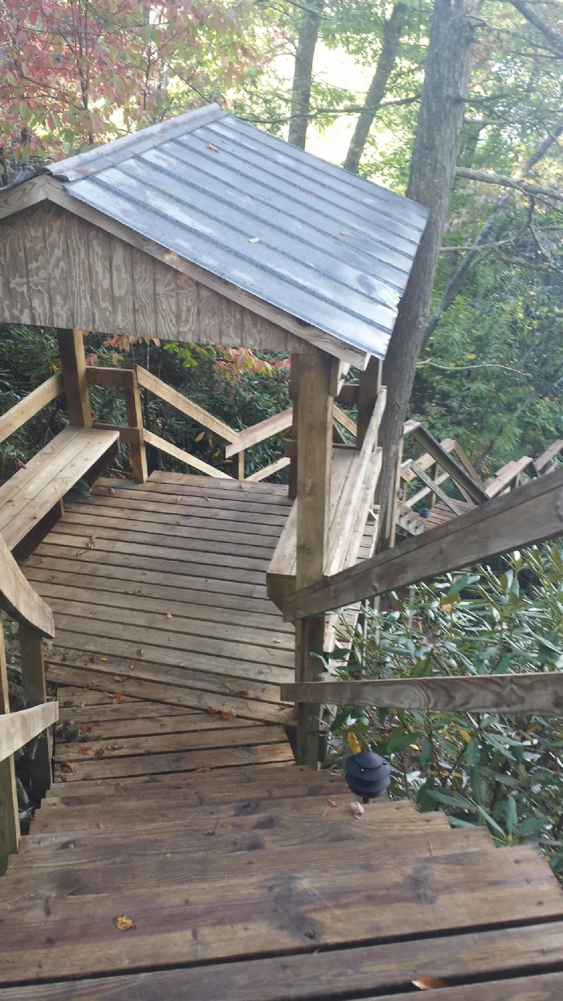 Metal roofed shelter over wooden steps on a wooded walkway — Skylight Repair & Installation work by our crew in Riesel